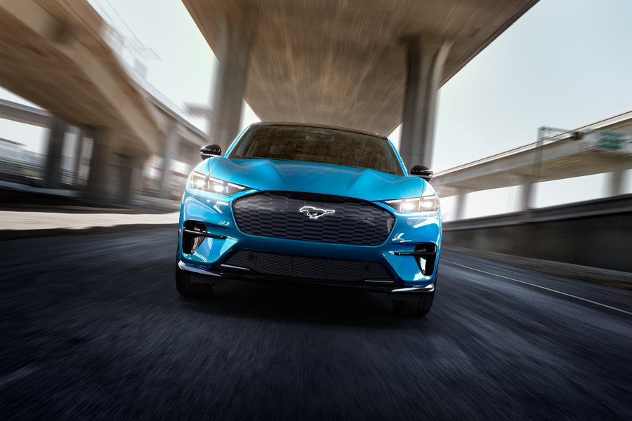 A Mustang Mach-E being driven on the freeway